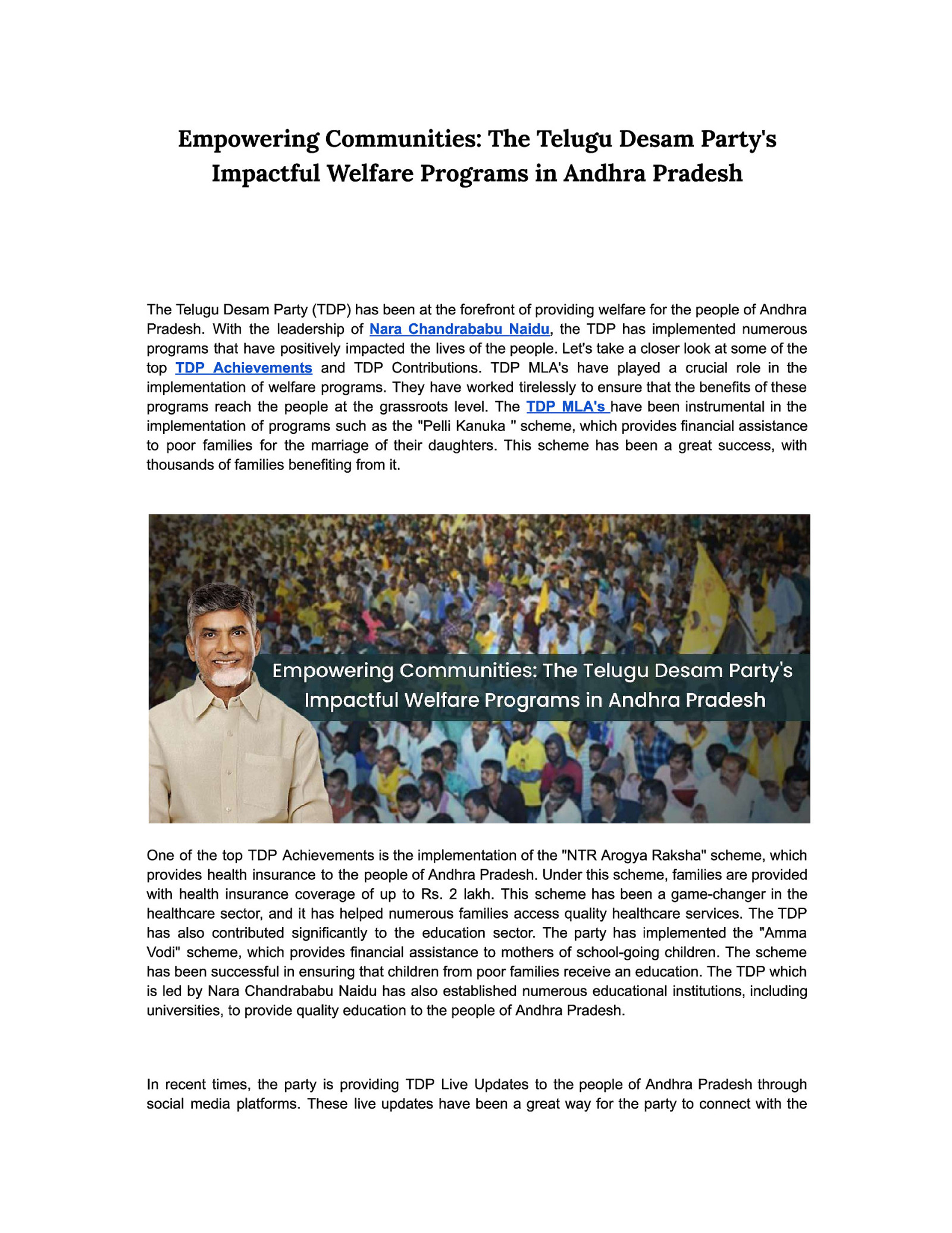 Empowering Communities: The Telugu Desam Party’s Impactful Welfare Programs in Andhra Pradesh