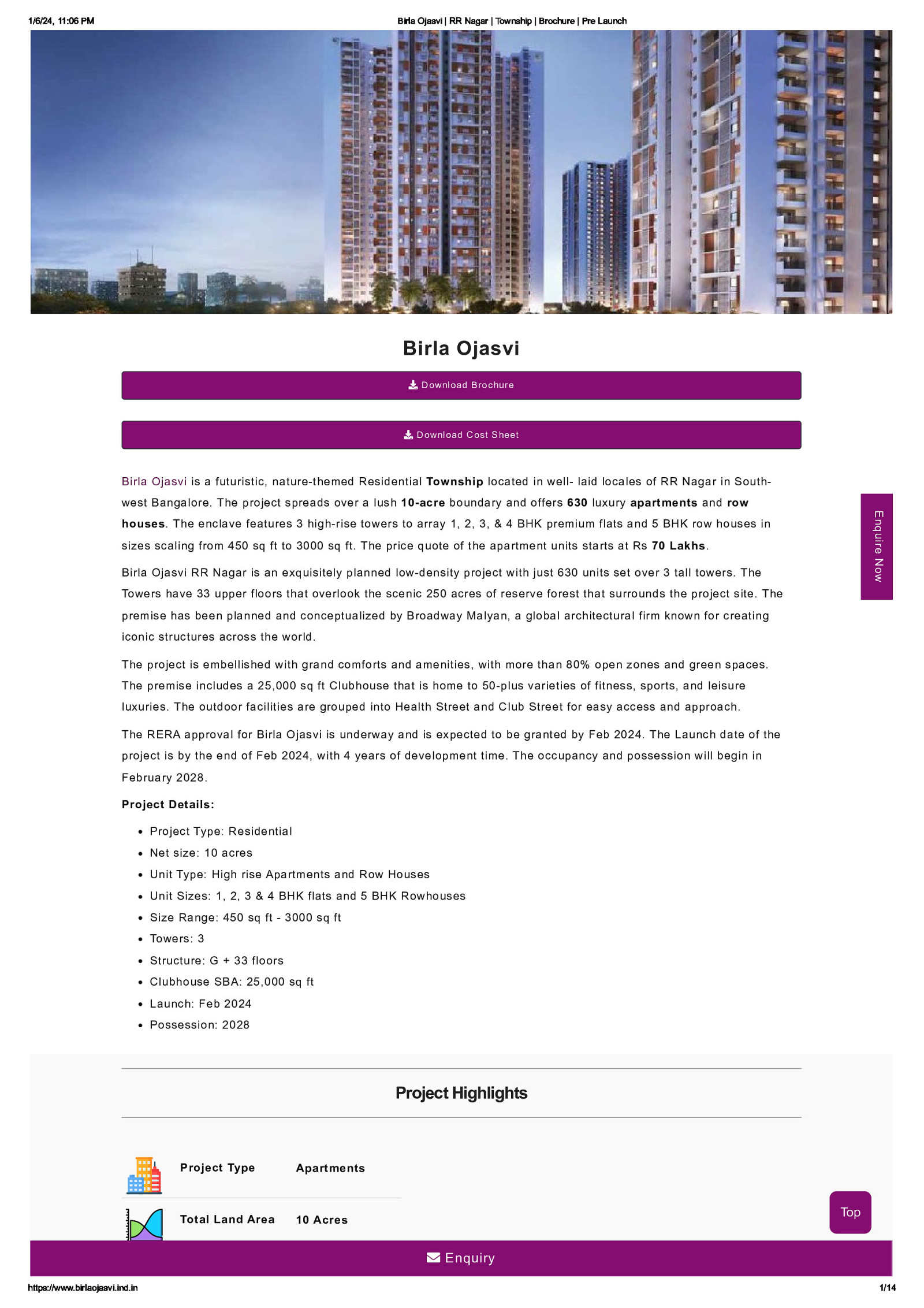 Mixed Premium Apartment in Bangalore at Birla Ojasvi