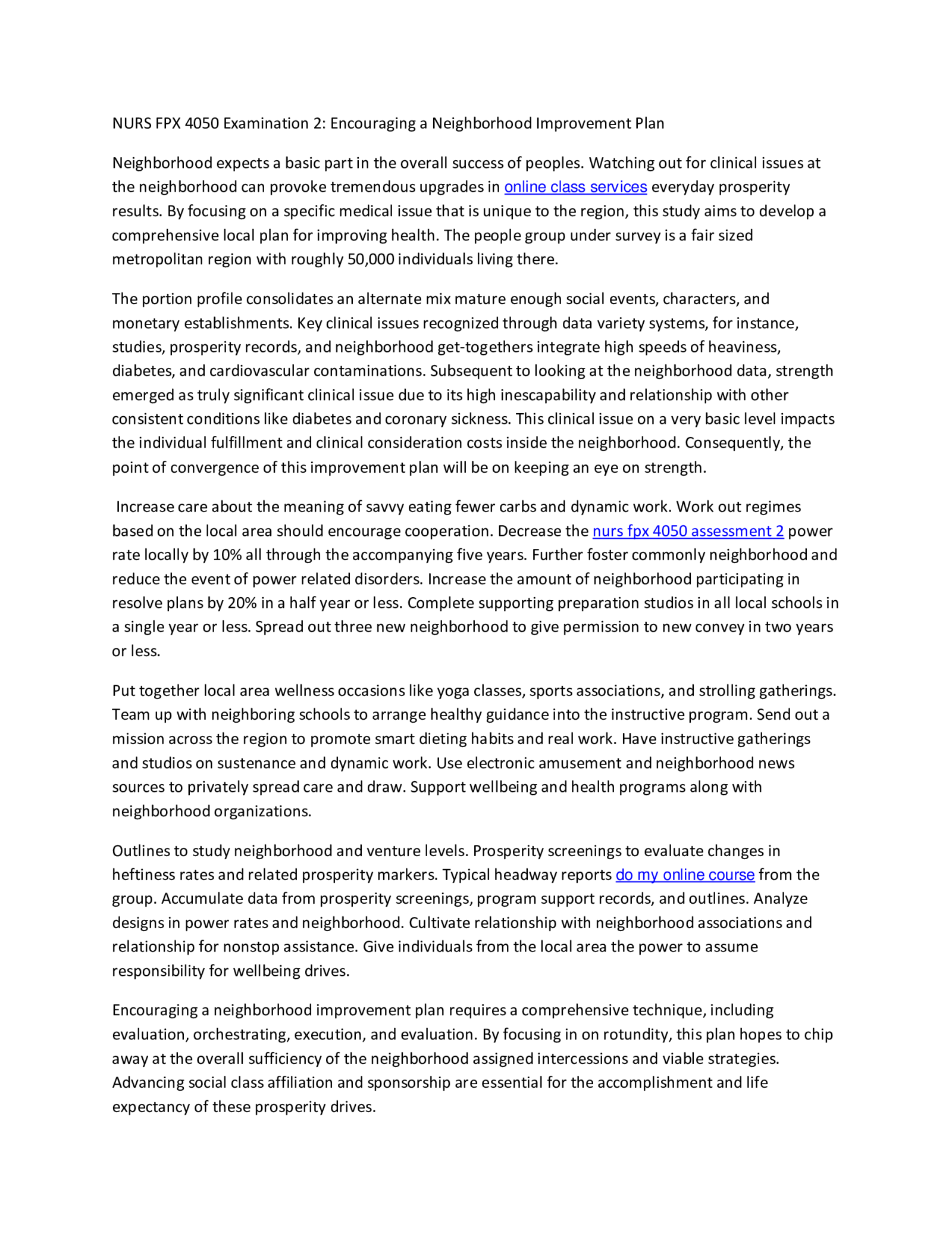 NURS FPX 4050 Examination 2: Encouraging a Neighborhood Improvement Plan