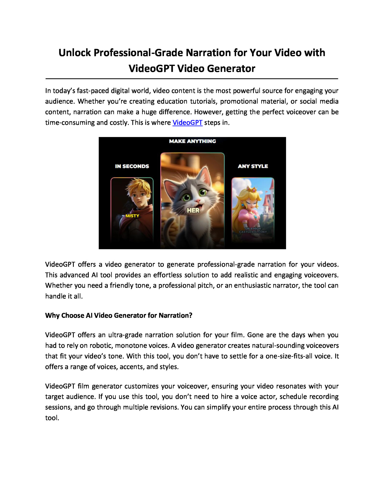 Unlock Professional-Grade Narration for Your Video with VideoGPT Video Generator