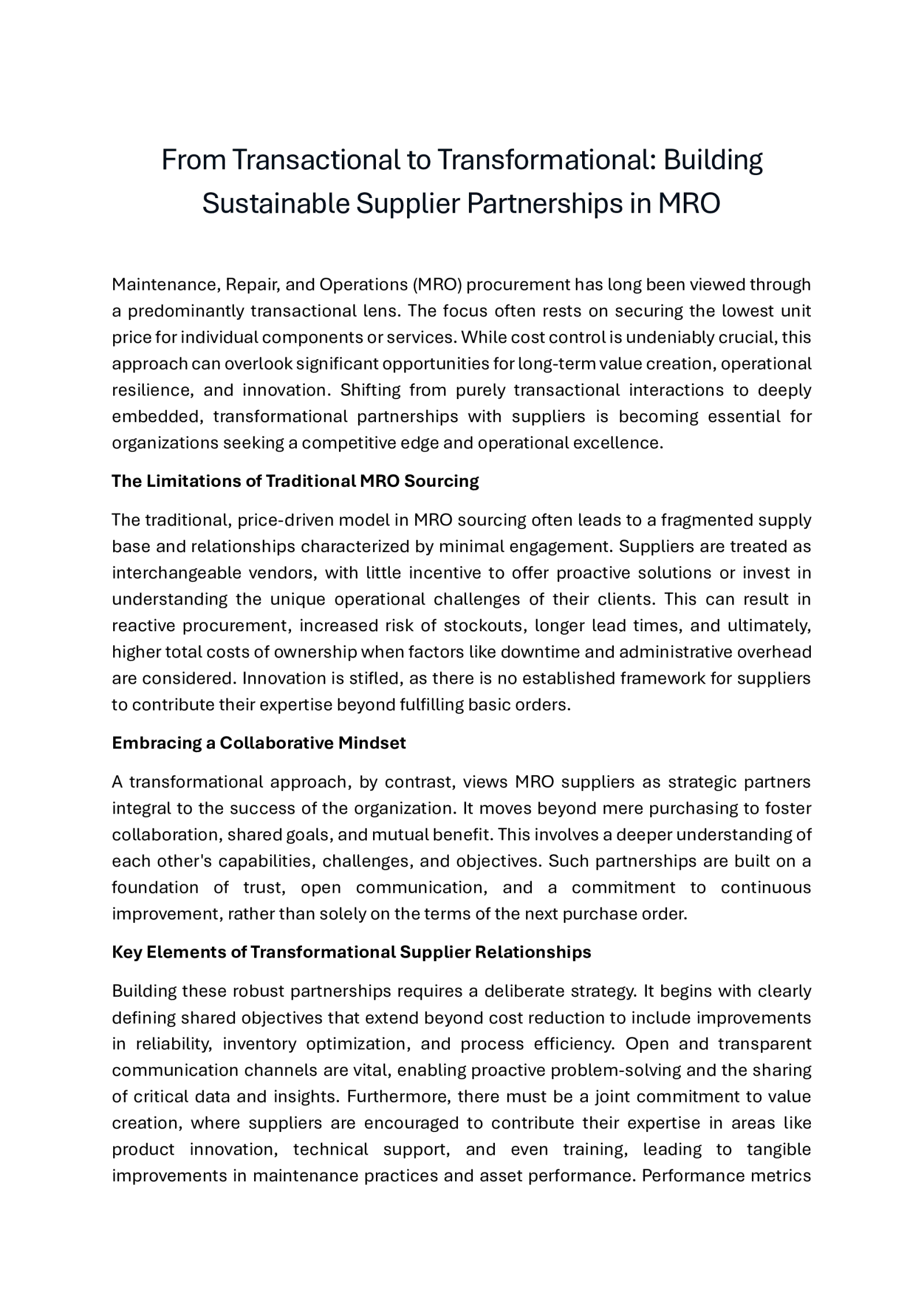 From Transactional to Transformational: Building Sustainable Supplier Partnerships in MRO