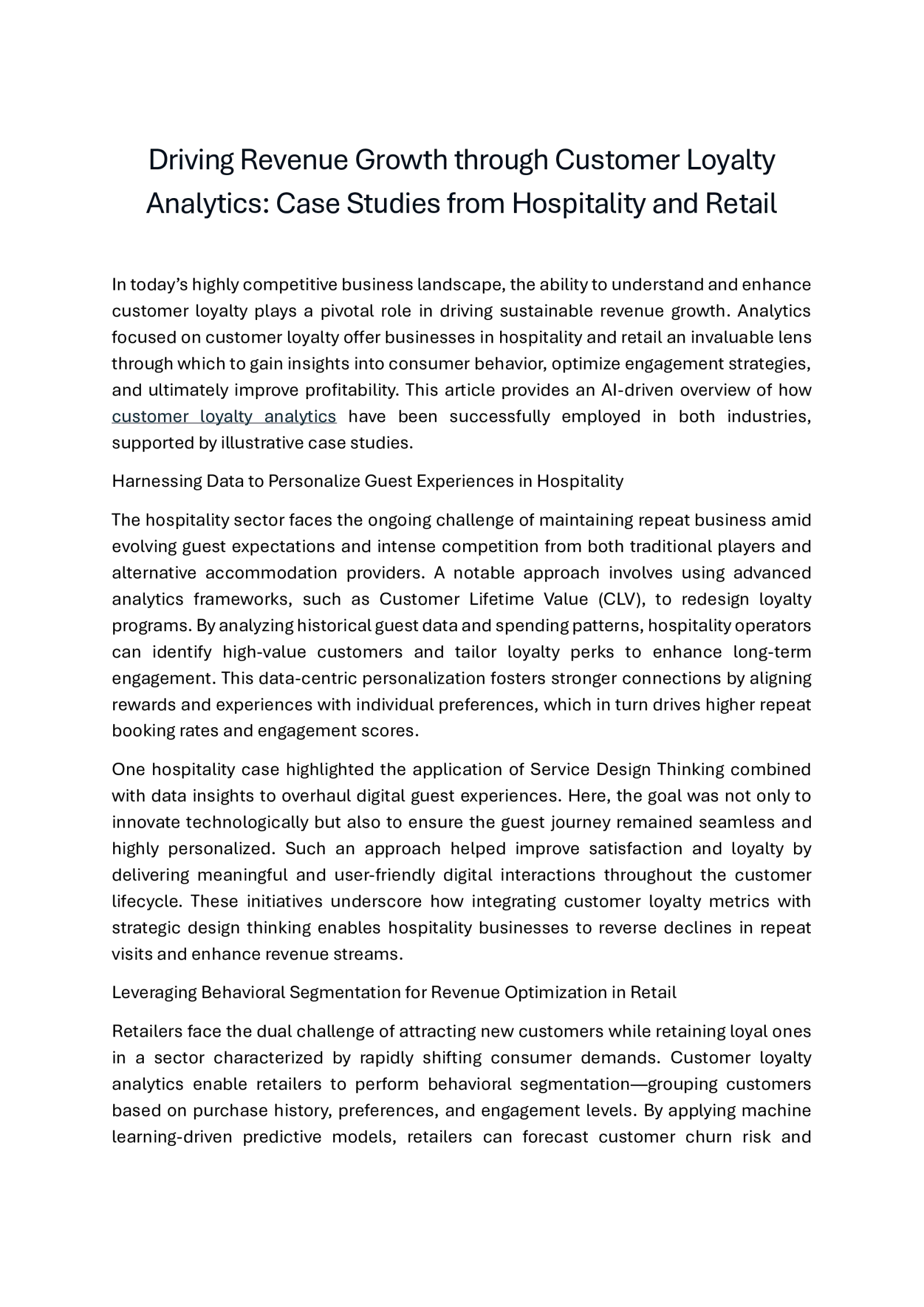 Driving Revenue Growth through Customer Loyalty Analytics: Case Studies from Hospitality and Retail