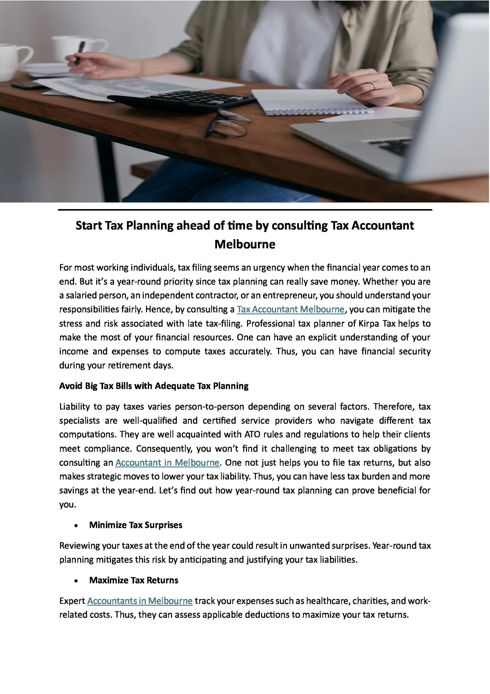 Start Tax Planning ahead of time by consulting Tax Accountant Melbourne