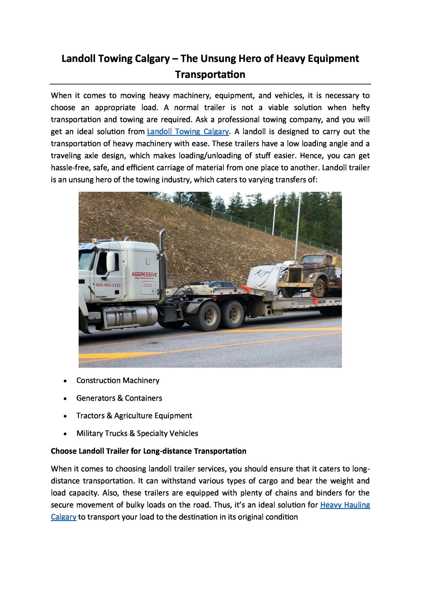 Landoll Towing Calgary – The Unsung Hero of Heavy Equipment Transportation by Mark Davis