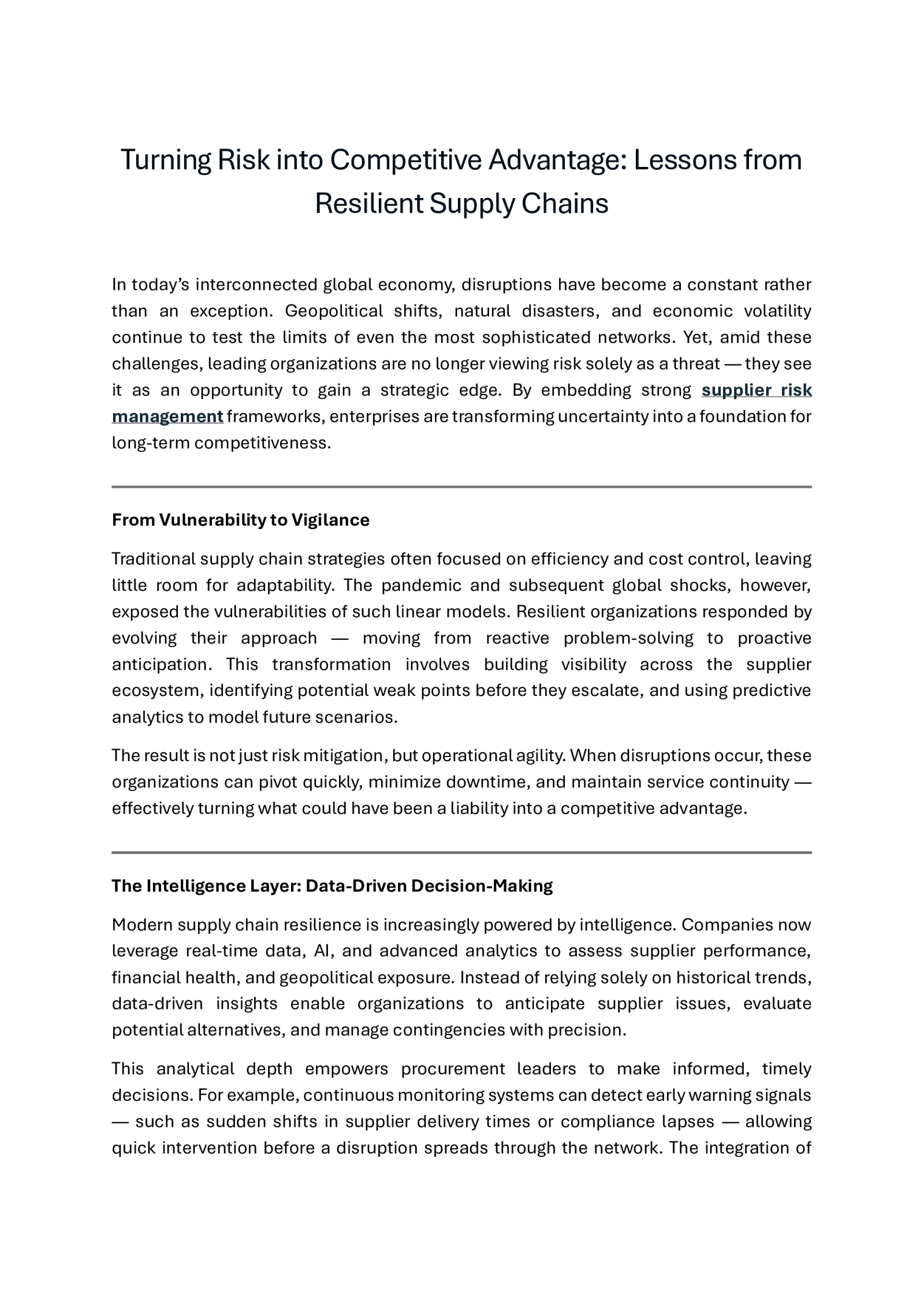 Supplier Risk Management Framework for Strategic Stability