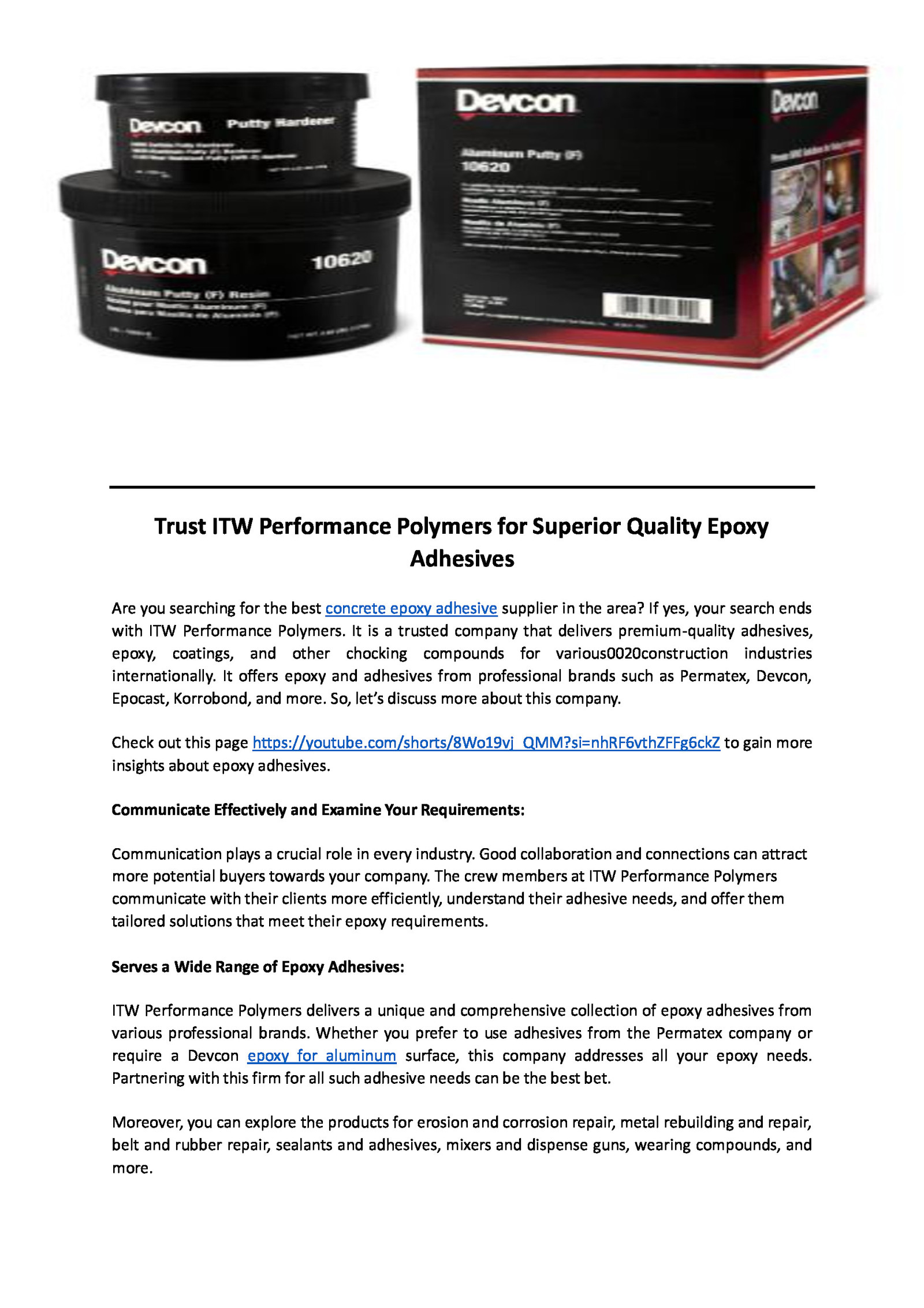 Trust ITW Performance Polymers for Superior Quality Epoxy Adhesives