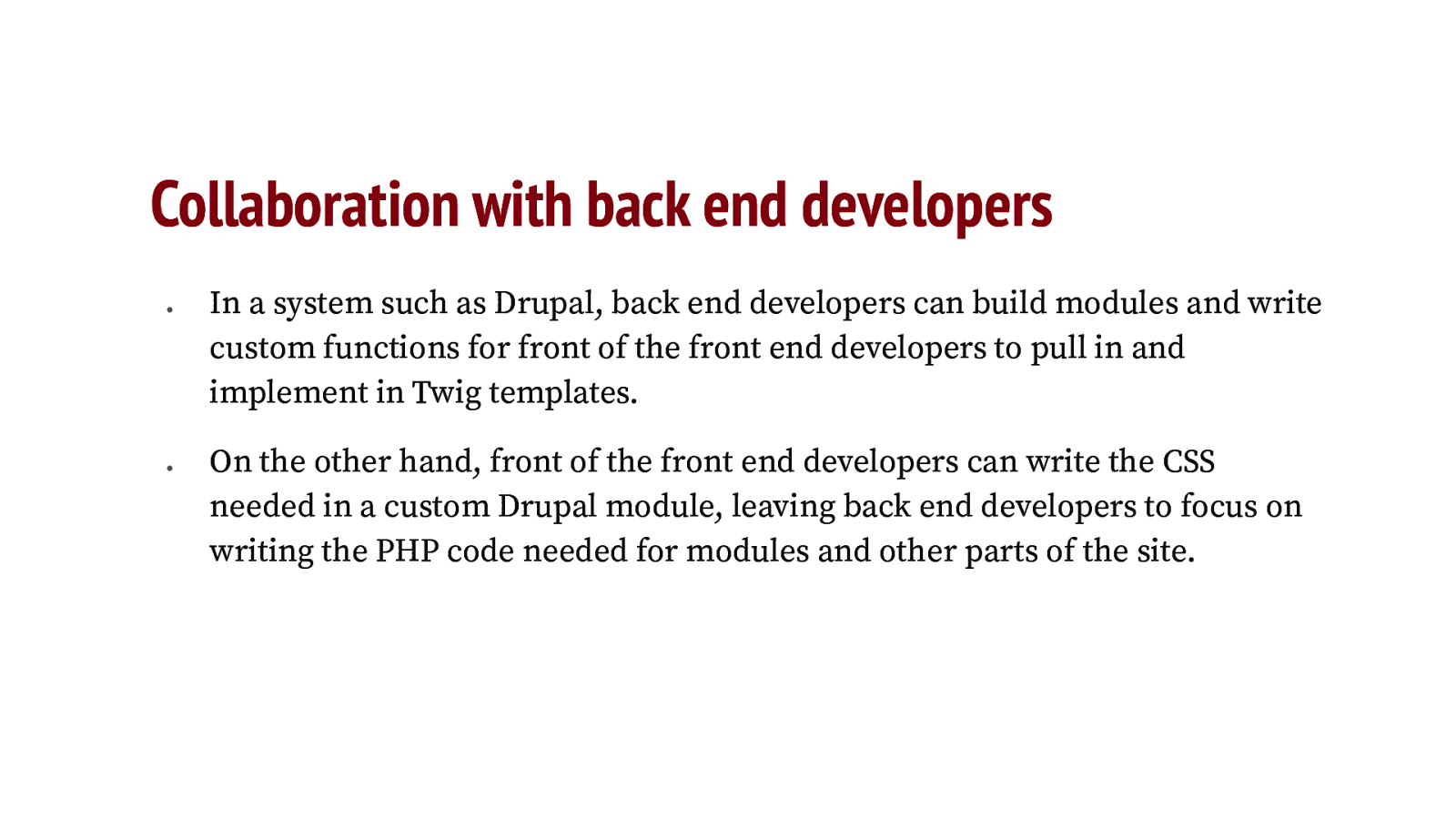 Collaboration with back end developers