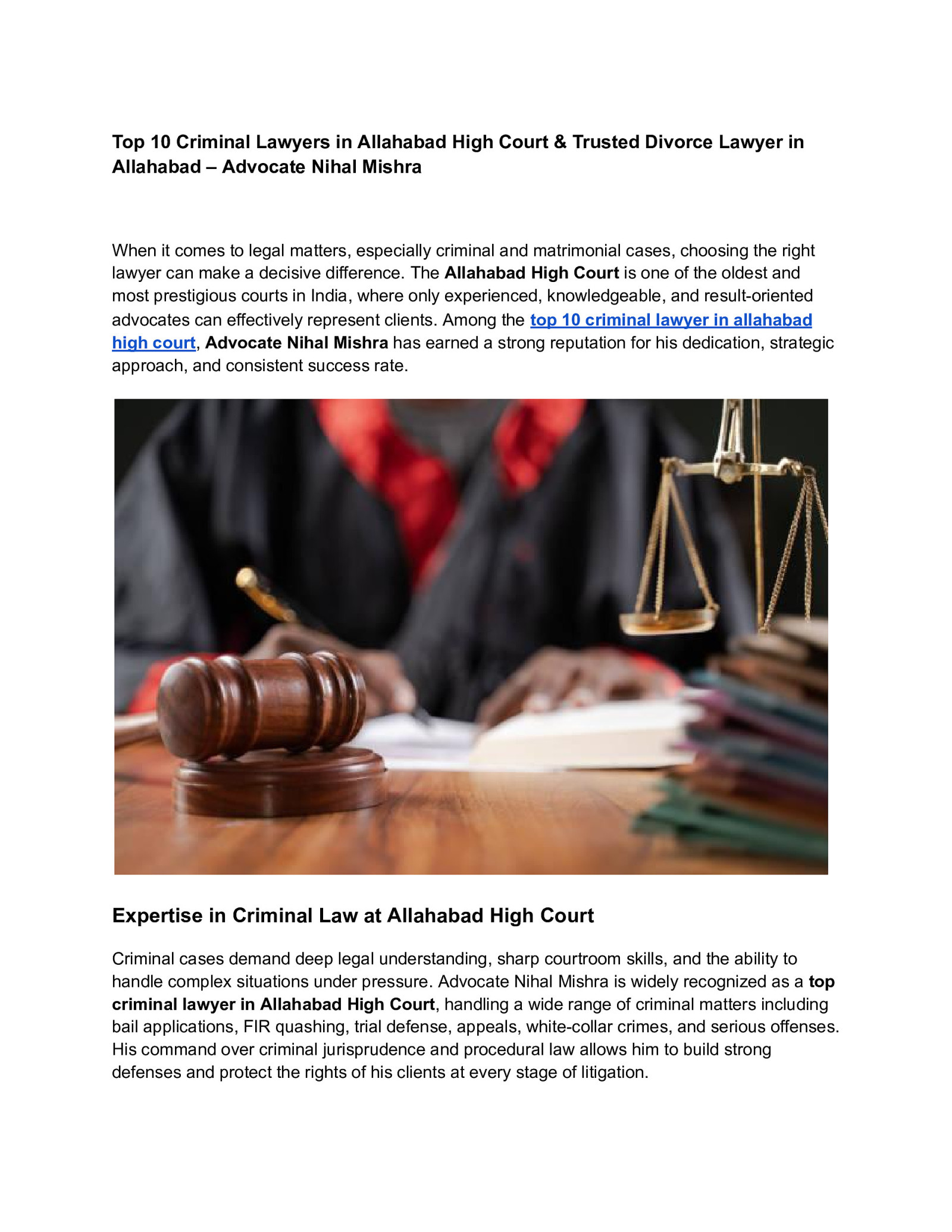 Top 10 Criminal Lawyers in Allahabad High Court & Trusted Divorce Lawyer in Allahabad – Advocate Nihal Mishra