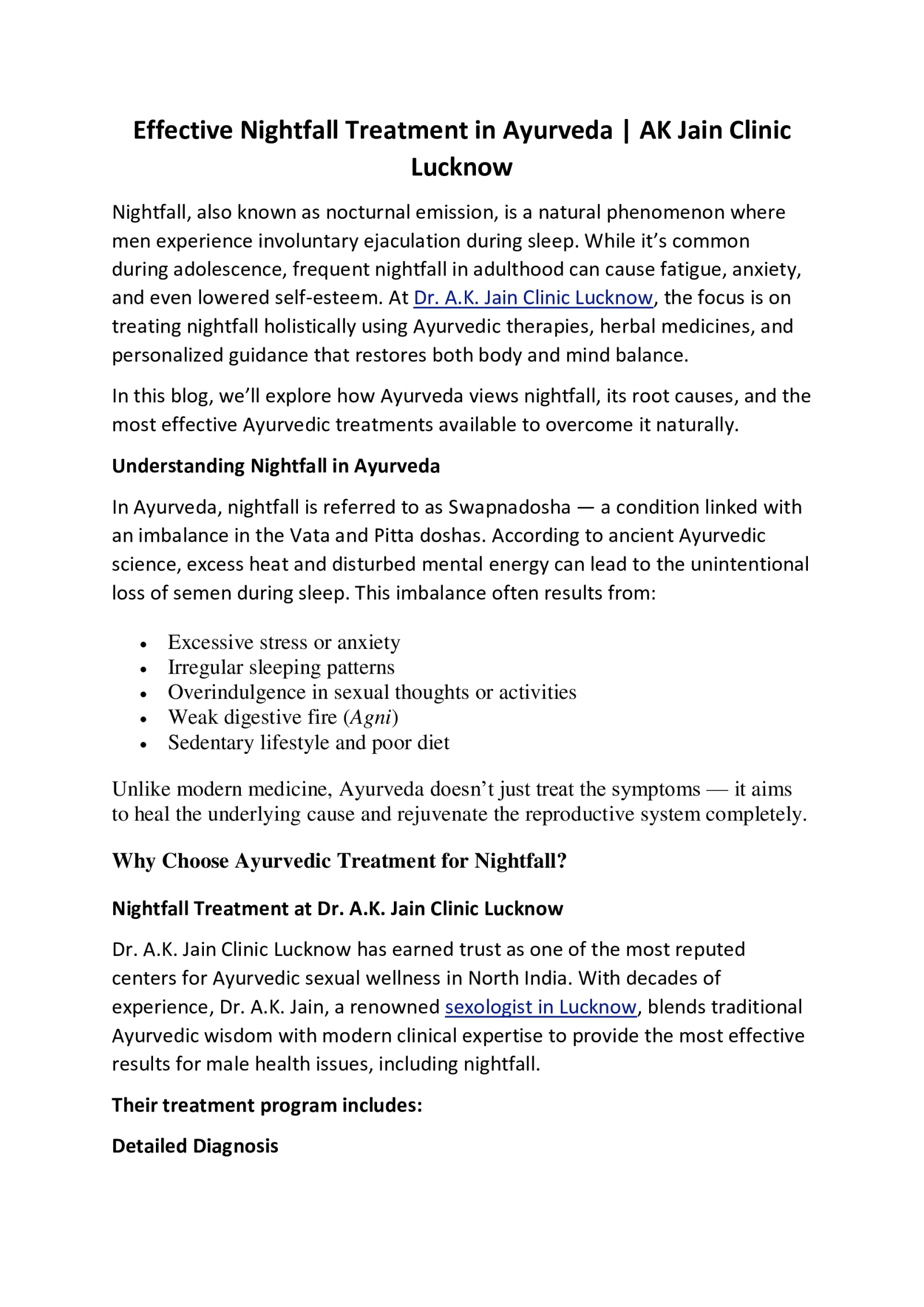 Effective Nightfall Treatment in Ayurveda | AK Jain Clinic Lucknow by ask drjain