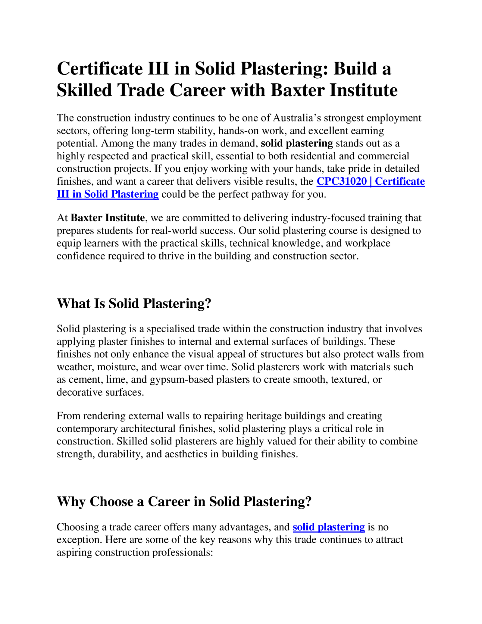 Certificate III in Solid Plastering: Build a Skilled Trade Career with Baxter Institute by baxter institiute