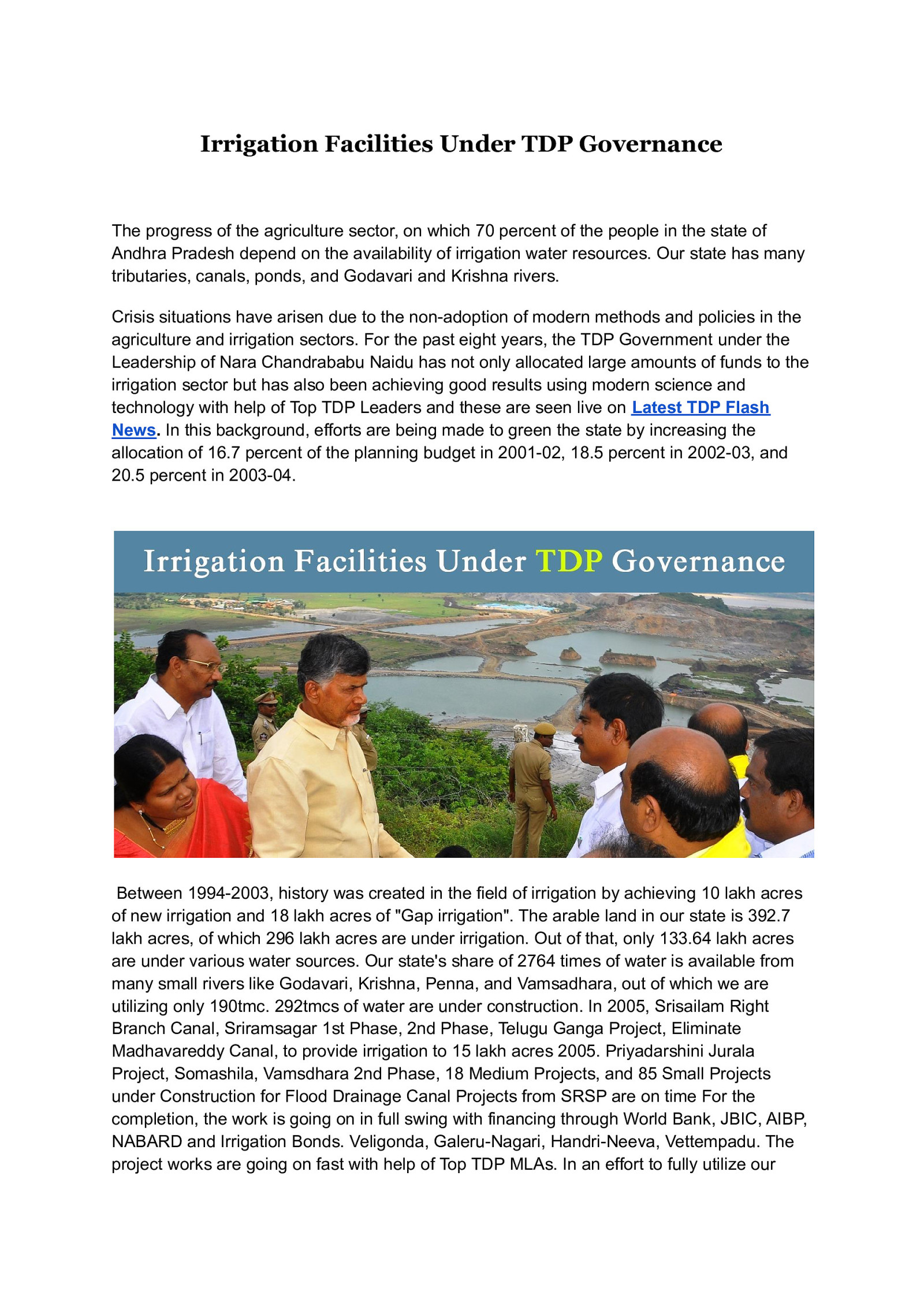 Irrigation Facilities Under TDP Governance